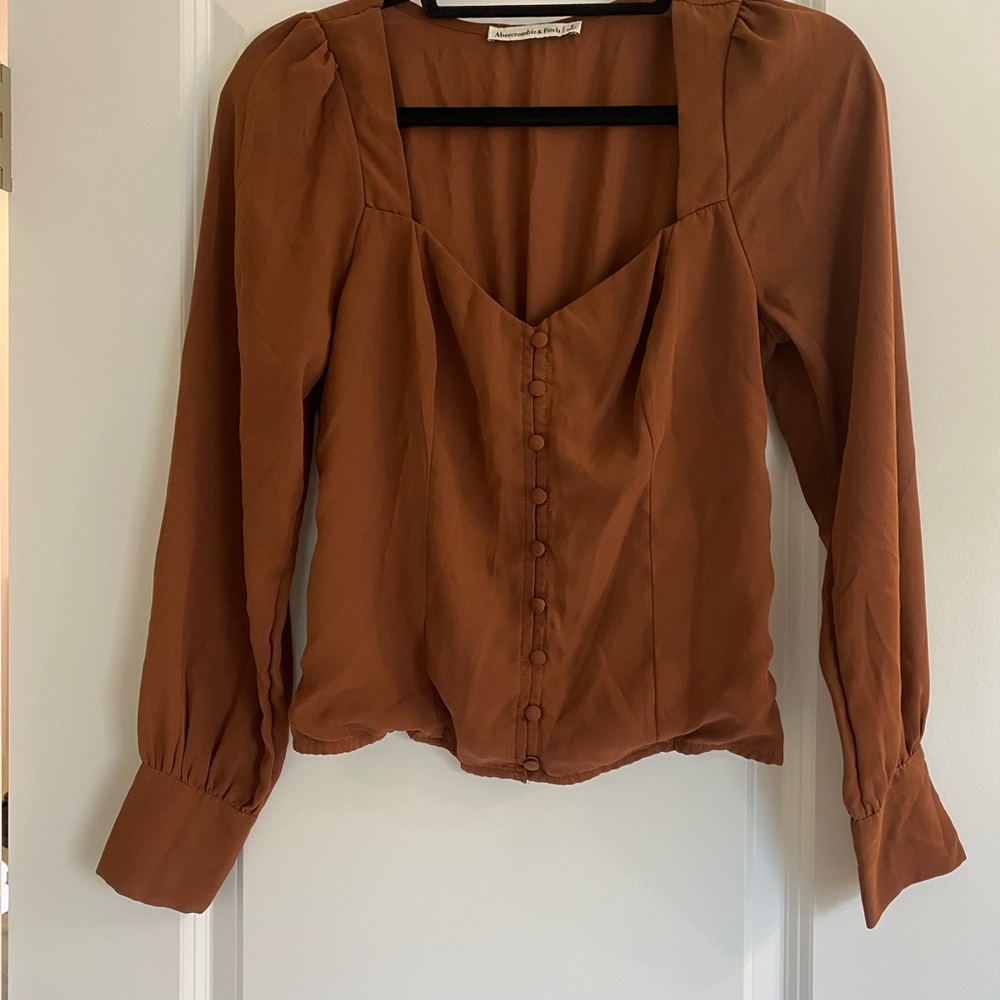 Abercrombie & Fitch Rust Brown Button-Front Square Neck Blouse